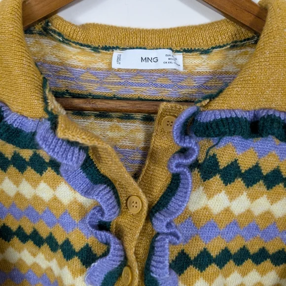 Mango Retro Stripes Acrylic Knit With Collar Ruffle Detail Pullover Sweater NWOT - Picture 6 of 11